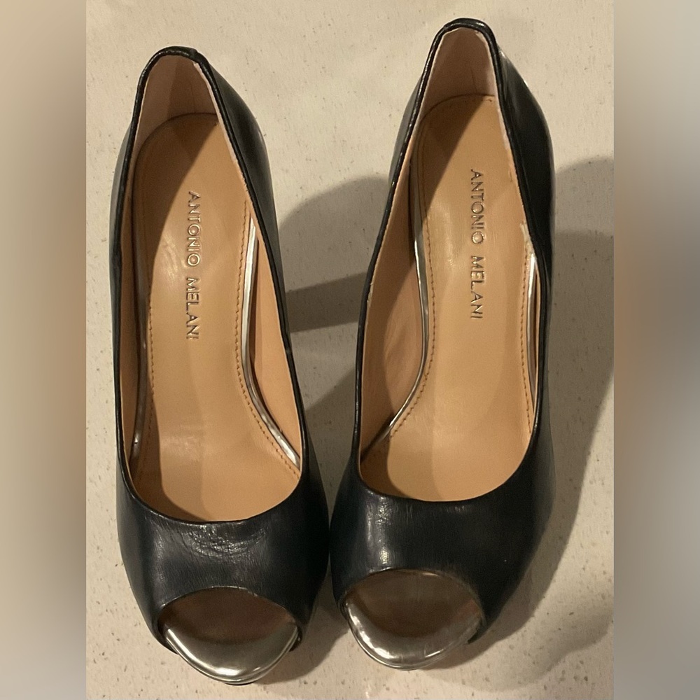 Antonio Melani Black Peep Toe Pumps with Silver Detail